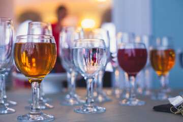 Beautifully decorated catering banquet table with different food snacks and appetizers on corporate christmas birthday party event or wedding celebration