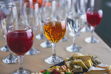 Beautifully decorated catering banquet table with different food snacks and appetizers on corporate christmas birthday party event or wedding celebration