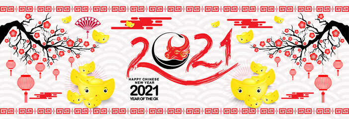 Happy chinese new year 2021 Ox Zodiac sign. Gold ingots background horizontal banner for Chinese New Year 2021 of the Ox
