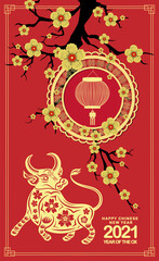 Happy chinese new year 2021 Ox Zodiac sign. Cherry blossom background for Chinese New Year 2021 of the Ox