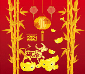 Happy chinese new year 2021 Ox Zodiac sign. Gold ingots, gold bamboo background for Chinese New Year 2021 of the Ox