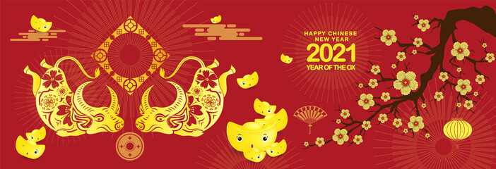 Happy chinese new year 2021 Ox Zodiac sign. Gold ingots background horizontal banner for Chinese New Year 2021 of the Ox