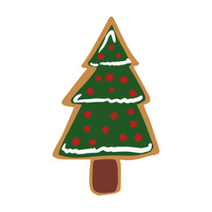 Gingerbread christmas tree isolated on white background. Christmas cookies in doodle.