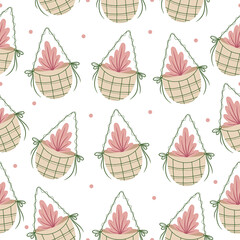 Seamless pattern with hand drawn house plant, flower in a pot on a white background. Doodle, simple illustration in the flat style. It can be used for decoration of textile, paper and other surfaces.