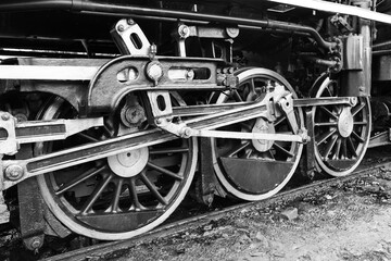 Fototapeta na wymiar The train wheel of the Steam locomotive Back and White Tone