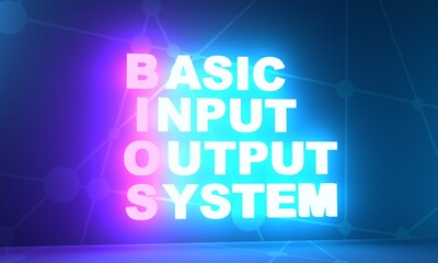 BIOS - Basic Input Output System acronym, technology concept background. 3D rendering. Neon bulb illumination