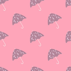 Bright seamless doodle pattern with purple pastel umbrella folk ornament. Pink background.