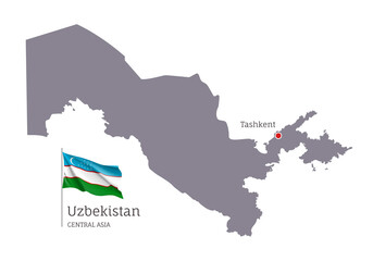 Silhouette of Uzbekistan country map. Gray editable map of Uzbekistan with waving national flag, Tashkent city capital, Central Asia country territory borders vector illustration on white background