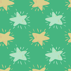 Simple seamless pattern with doodle stars elements. Blue and orange pastel shapes on green background.