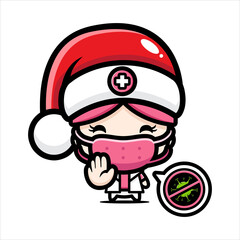 cute nurse character wearing a santa hat wearing a mask
