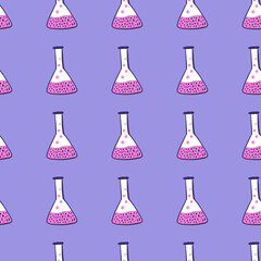 Cartoon seamless pattern with doodle flask ornament. Pink chemical shapes on blue background.