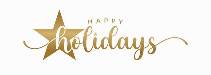 Happy Holidays Handwriting Lettering Calligraphy with Gold Color, isolated on white background. Greeting Card Vector Illustration Template.