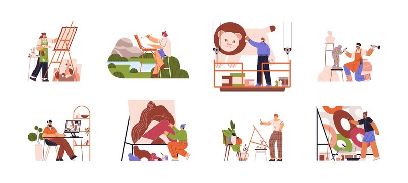 Artists Or Creative People At Working Process. Plein Air, Creating Murals, Computer Graphics, Collage, Sculptures, Abstract Painting And Still Life Drawing. Fine Art Hobbies. Flat Vector Illustration