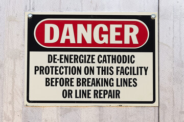 A Danger Deenergize Cathodic Protection at this Facility sign - obrazy, fototapety, plakaty