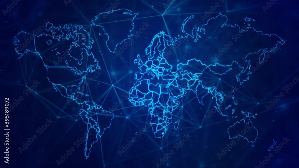 Wall mural dark blue background with world map contour lines. line shape digital world map for global network b