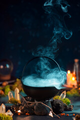 Dense steam above a cauldron, magical still life with smoke, fantasy book cover