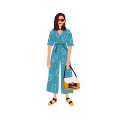 Modern woman wearing fashion outfit. Female in blue jumpsuit and sandals. Fashionable casual look. Model dressed in stylish summer clothes isolated on white background. Flat vector illustration