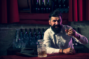 Luxury nightlife, rich man drink expensive beverage. Brandy scotch or whisky, whiskey.