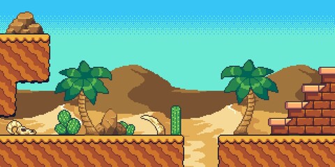 Pixel Art Desert Illustration with cacti and palm trees
