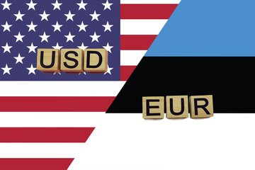 American and Estonian currencies codes on national flags background