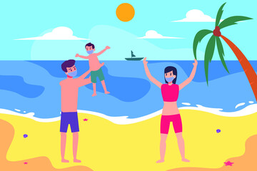 Obraz na płótnie Canvas New normal vector concept: Young parents and son enjoying holiday in the beach while wearing face mask