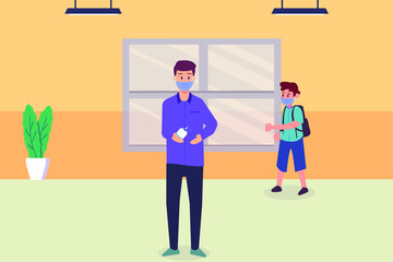New normal vector concept: Young teacher using hand sanitizer at school while doing social distancing 