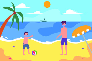 New normal vector concept: Cute boy and father playing ball in the beach while wearing face mask