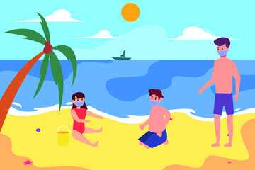 New normal vector concept: Cute children and young father playing sand in the beach while wearing face mask