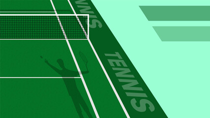 tennis player threw ball to serve on green court. Outdoor tennis court. Sports ground for active recreation. Vector
