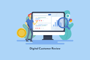 Vector illustration of online customer review.  Customer giving feedback and five star rating. Quality, evaluation, satisfaction concept. Flat design banner.