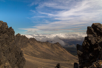 Amazing volcanic mountains in Puebla, Mexico. Dramatic horizontal landscape