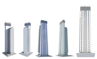 Set of 5 renders of fictional design financial buildings block of flat towers with sky reflection - isolated on white, different sides view 3d illustration of architecture