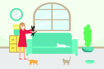Social distancing vector concept: Young girl playing with her cats while wearing face mask at home