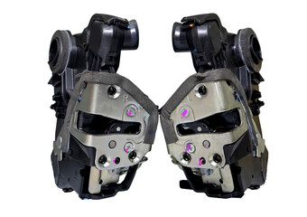 Car door lock motor in the middle, left and right on white background