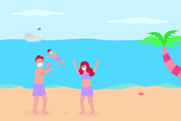 New Normal vector concept: Happy family wearing face mask while playing with their sonon the beach during new normal after coronavirus outbreak