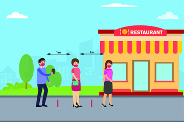 Social distancing vector concept: Group of people waiting for entering restaurant while keeping social distancing 