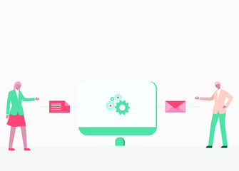 Email Marketing vector concept: Businesswoman sending letter through email to her partner with gear on the computer monitor