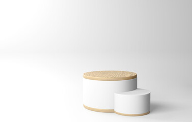 Abstract minimal with geometric forms. wood podium in white background. product presentation, mock up, show cosmetic product display, Podium, stage pedestal or platform. 3D rendering. 3D illustration