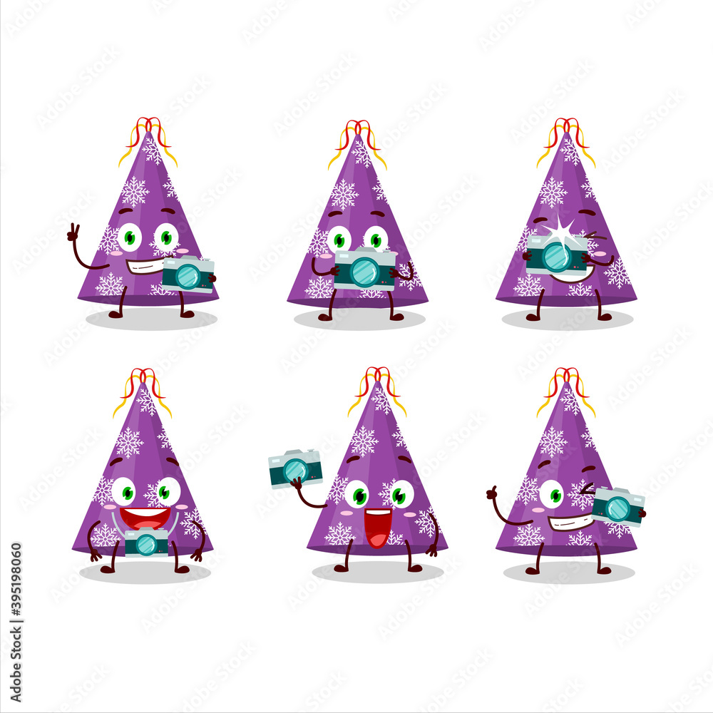 Wall mural Photographer profession emoticon with purple party hat cartoon character