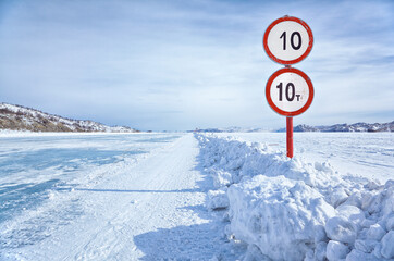 Traffic sign on Baikal ice