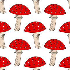 fly agaric seamless pattern. wallpaper, textile, background, wrapping paper. sketch hand drawn doodle. vector. mushroom, forest, poisonous, inedible.