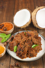 Selected Focus Rendang or Randang is The Most Delicious Food in the World. Made from Beef Stew and Coconut Milk with Various Herbs and Spice. Typically food from Minang Tribe, West Sumatera, Indonesia