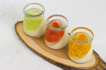 Puding buah. Fruit pudding on a glass with a soft, sweet and refreshing taste, perfect for eating in summer