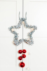 star and balls are red home decor rooting for new year and Christmas, background, shiny