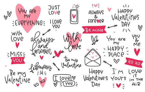 Valentines day romantic love quotes and graphic large set with mobile phone, letters with envelope, heart with arrow vector clipart. Variety of black and pink messages for February 14 cards.