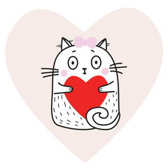 Cute funny white cat girl with a red heart in her paws on the background of a pink heart. Vector illustration. Cute animal For design, decoration, Valentines Day cards