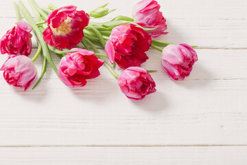 red tulips on white wooden background