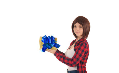 Happy young girl with short hair in red checked shirt smiles, hold gift in a yellow package with a blue ribbon, isolated on  white background: space for text