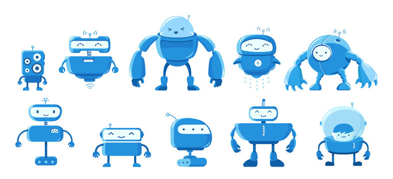 Robots mascot set. Different types for all tasks. Smart artificial intelligence character. Cartoon vector flat illustration.