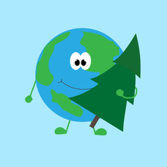 Planet Earth with a Christmas tree in hands celebrates Christmas.